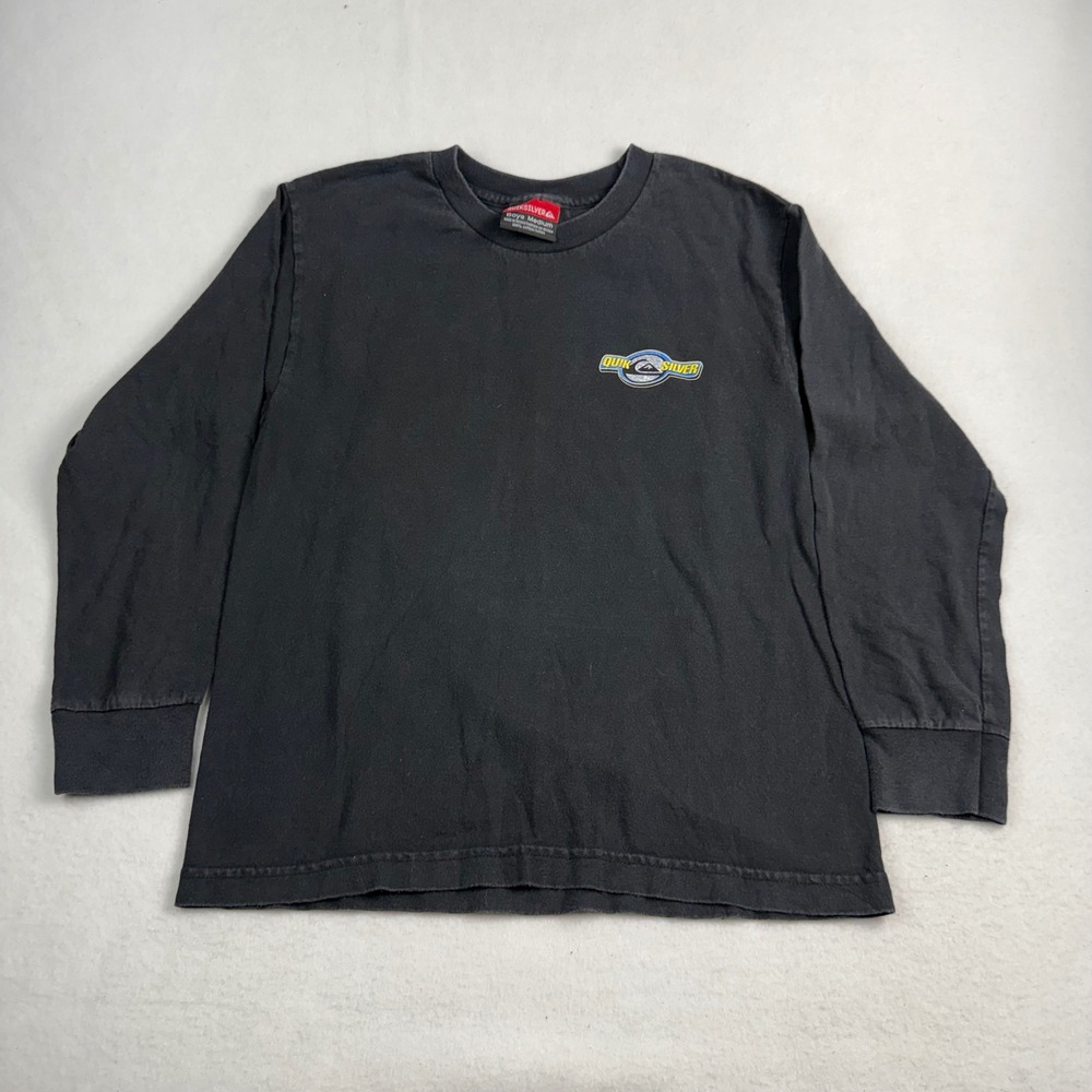 Quiksilver Boys Medium Black Long Sleeve‎ Graphic T-Shirt Surf Logo Cotton Tee